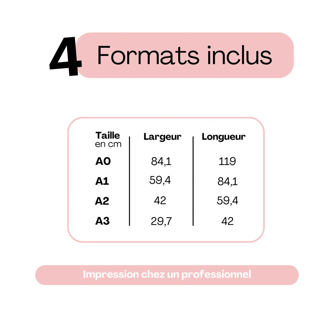 Formats disponibles pour panneau de bienvenue mariage personnalisable – tailles A0, A1, A2, A3 en cm. Impression recommandée chez un professionnel.