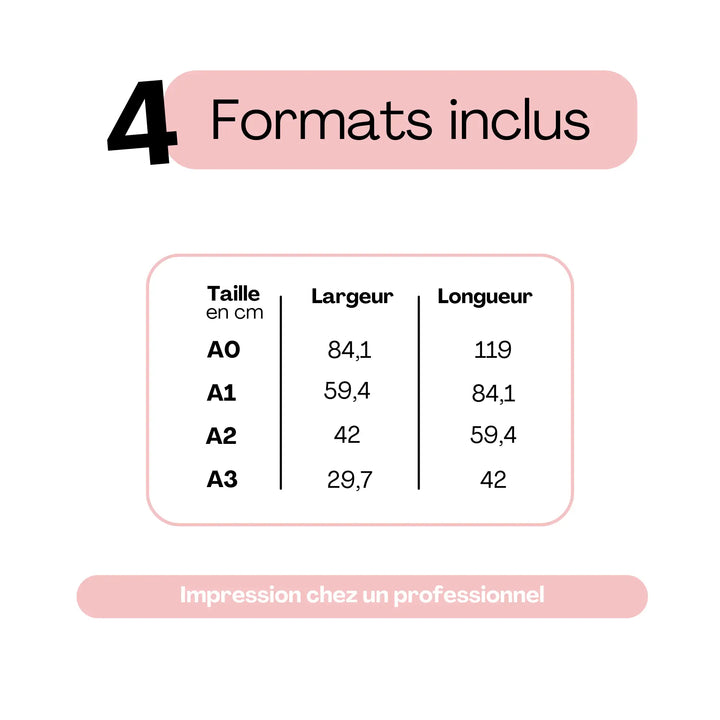 Formats disponibles pour panneau de bienvenue mariage personnalisable – tailles A0, A1, A2, A3 en cm. Impression recommandée chez un professionnel.