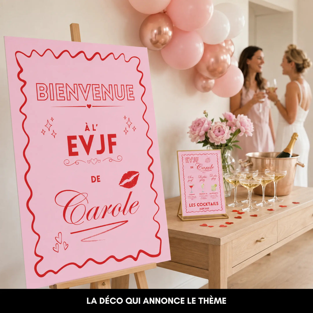 Panneau de bienvenue EVJF personnalisé au format A0 sur son chevalet, à côté du menu du bar et des coupes de champagne.