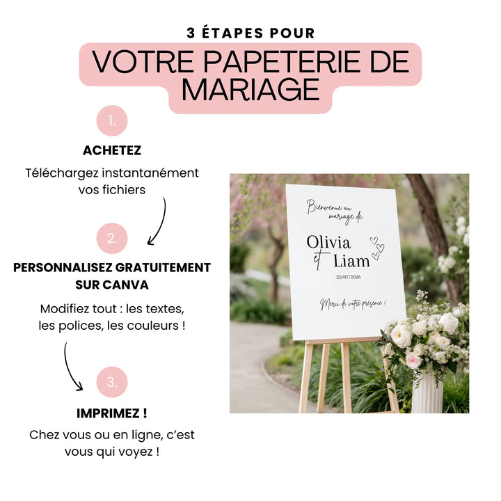 Panneau de bienvenue mariage personnalisé Olivia et Liam. Modèle Canva à modifier facilement avec vos textes, couleurs et polices. Affiche élégante à imprimer pour cérémonie de mariage.