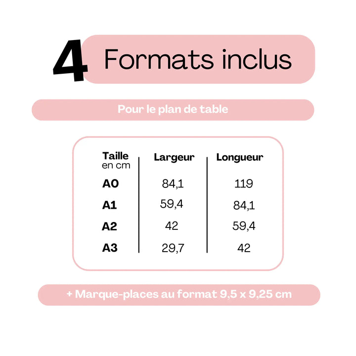Formats inclus plan de table mariage – fichiers imprimables aux tailles A0, A1, A2, A3 et marque-places 9,5 x 9,25 cm.