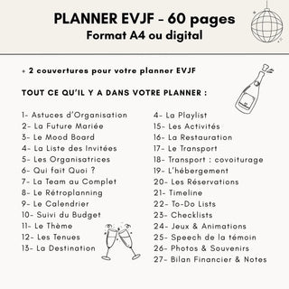 Infographie détaillant ce qui est dans le planner evjf personnalisable à imprimer ou à utiliser en digital pour organiser evjf facilement.