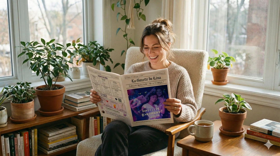 Photo d'une femme tenant une gazette anniversaire personnalisée, invitation et cadeau anniversaire.