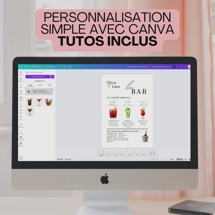 Vidéo montrant un menu de bar de mariage personnalisé dans Canva.