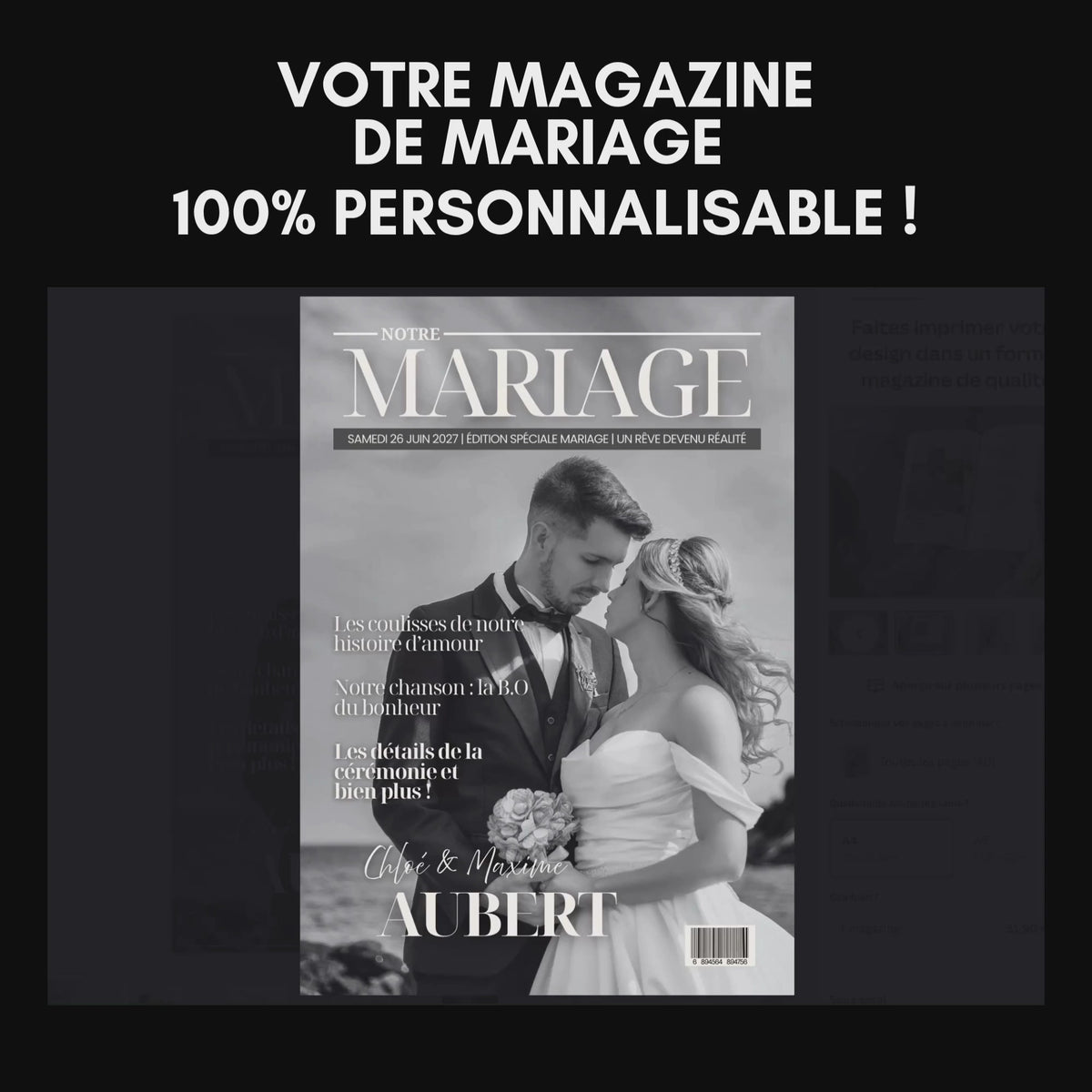 Vidéo des pages du magazine mariage personnalisé racontant l'histoire d'amour du couple et les détails du mariage.