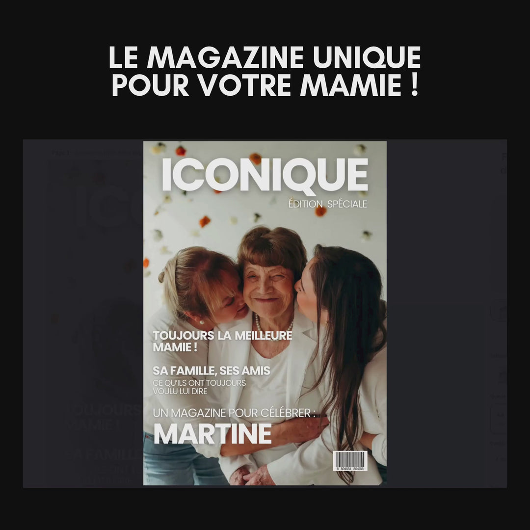 Courte vidéo montrant les 60 pages du modèle magazine personnalisé mamie pour faire un cadeau à sa mamie.