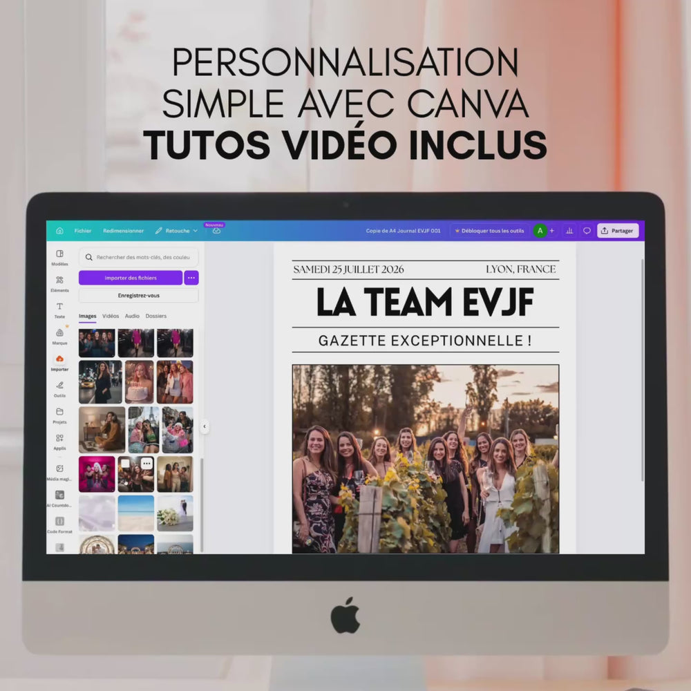 Vidéo montrant la modification d'une gazette evjf personnalisée dans Canva.
