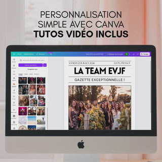 Vidéo montrant la modification d'une gazette evjf personnalisée dans Canva.