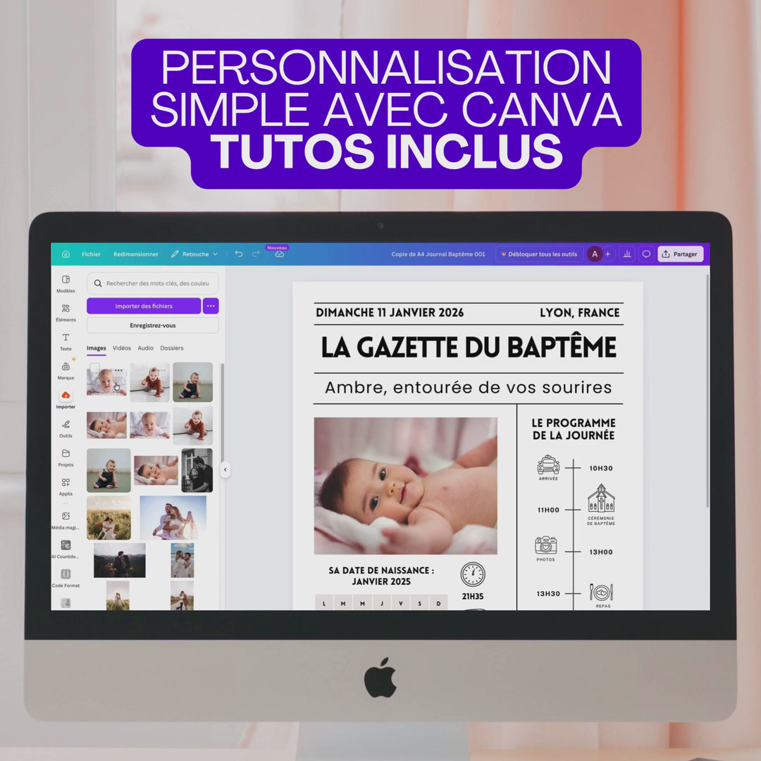 Vidéo montrant les personnalisations canva pour une gazette baptême.