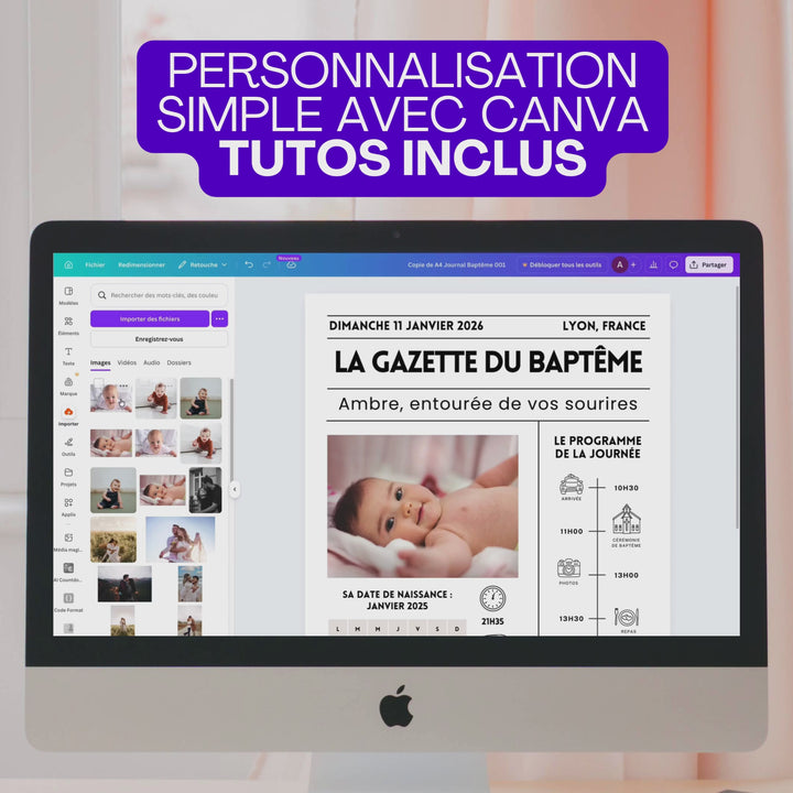 Vidéo montrant les personnalisations canva pour une gazette baptême.