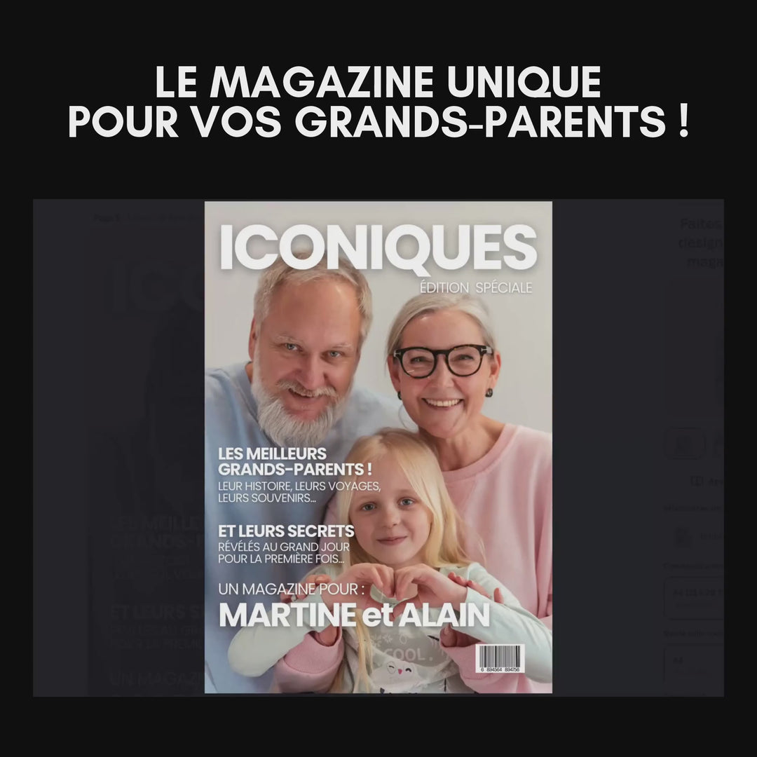 Vidéo montrant toutes les pages du modèle Canva du magazine personnalisé grands-parents.