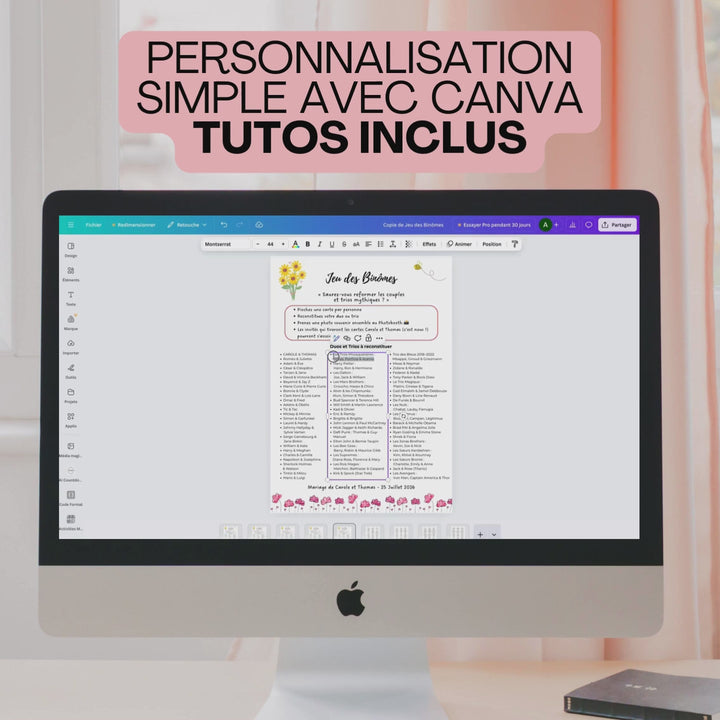Vidéo montrant la modification de jeux de mariage personnalisés dans Canva.