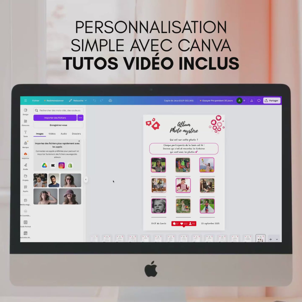 Vidéo montrant la personnalisation des jeux evjf à imprimer dans Canva.