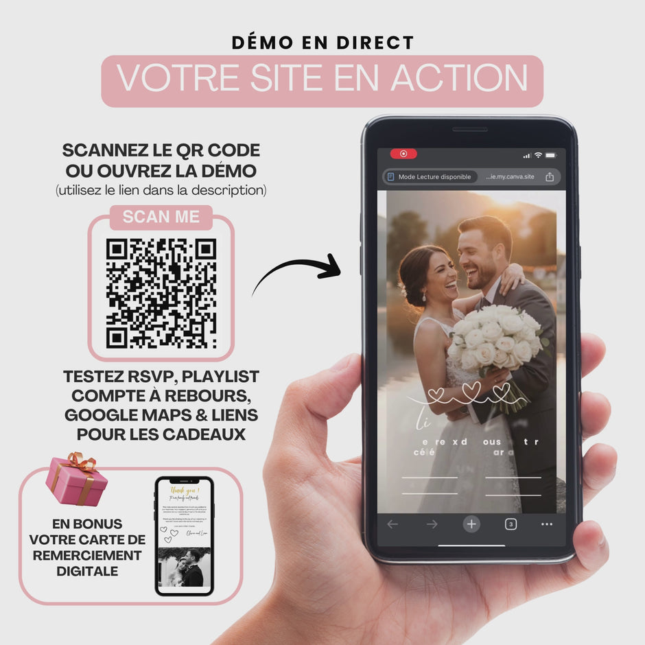 Vidéo montrant la démo d'un site de mariage personnalisé avec Canva.