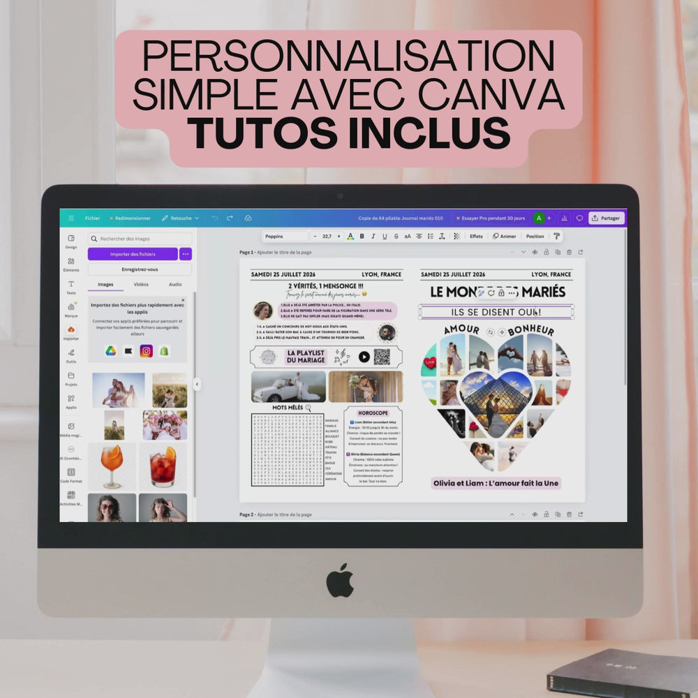 Vidéo montrant la modification d'une gazette de mariage personnalisée dans Canva.