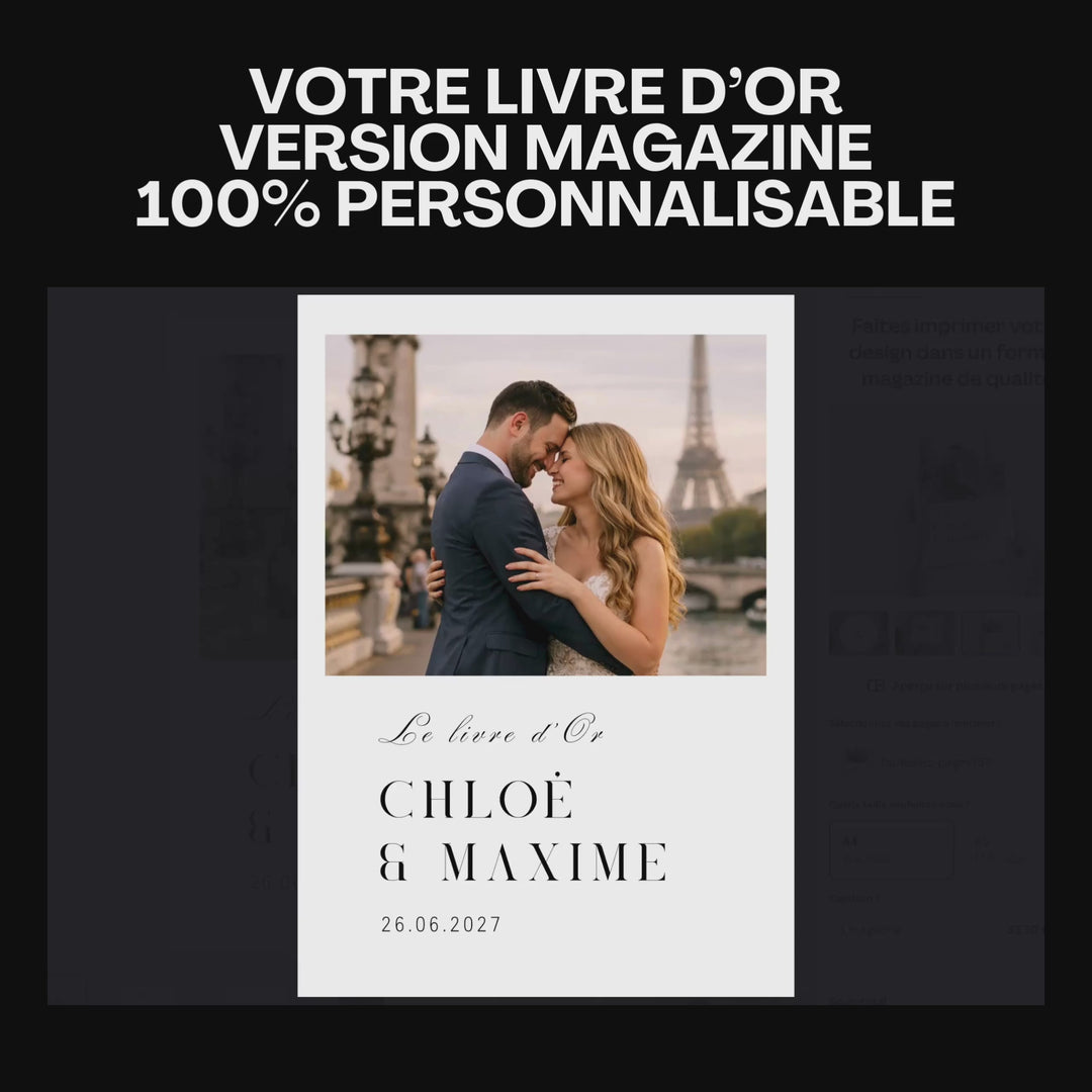 Vidéo montrant les pages d'un magazine personnalisé de livre d'or de mariage réalisé avec Canva.