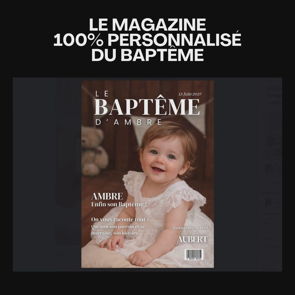 Vidéo des pages du journal baptême personnalisé, magazine type Vogue.