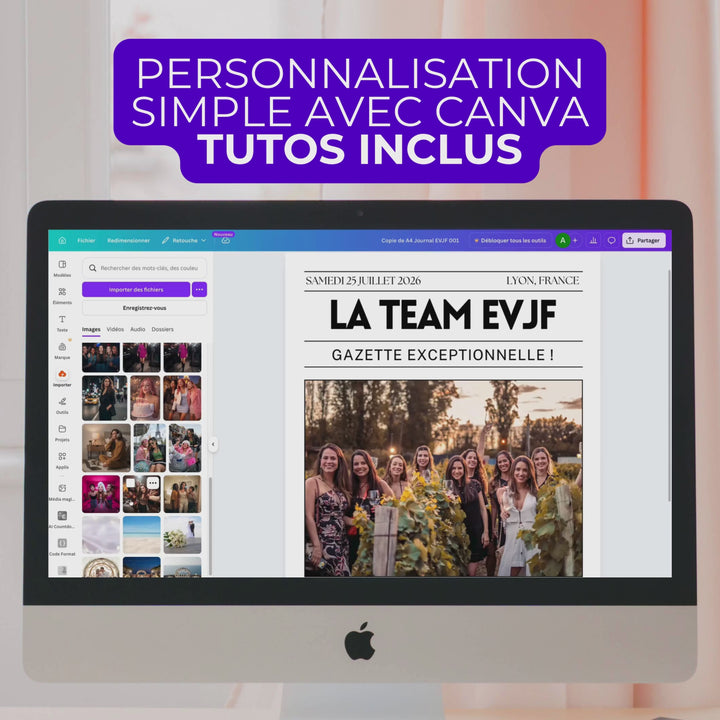 Vidéo montrant la personnalisation facile du modèle gazette EVJF dans Canva gratuit.