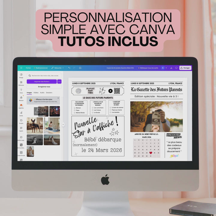 Vidéo de démo de la personnalisation d'un modèle de gazette annonce grossesse sur Canva.