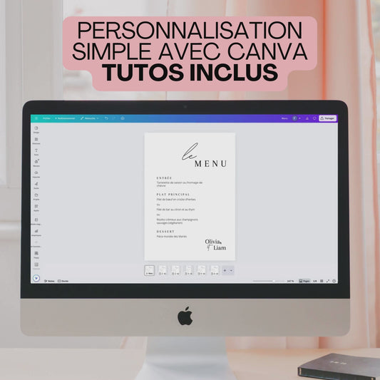 Vidéo montrant la personnalisation d'un menu de mariage (papeterie mariage) dans Canva.