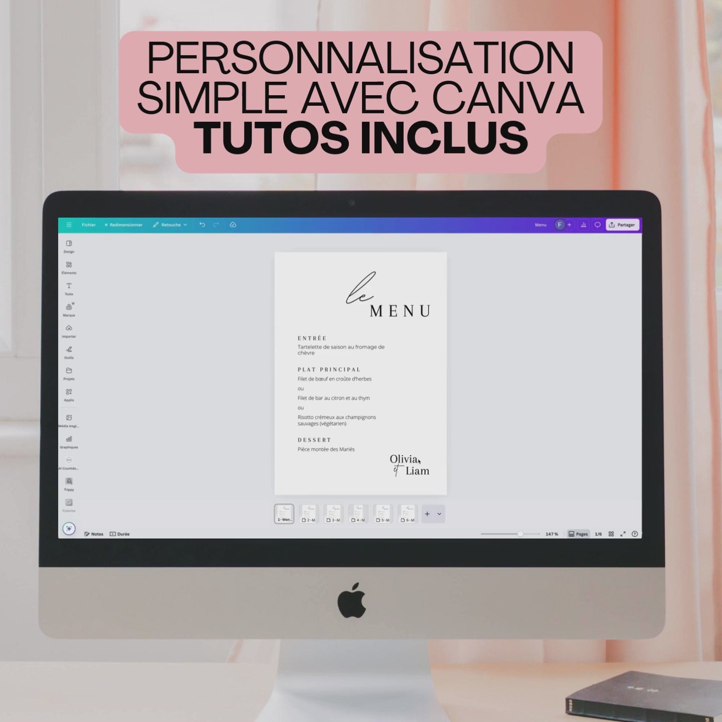 Vidéo montrant la personnalisation d'un menu de mariage (papeterie mariage) dans Canva.