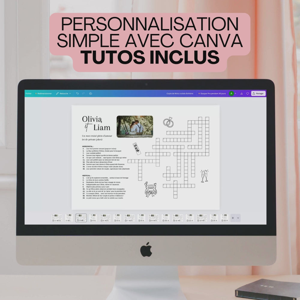Vidéo montrant la modification d'un mots croisés de mariage personnalisé dans Canva.