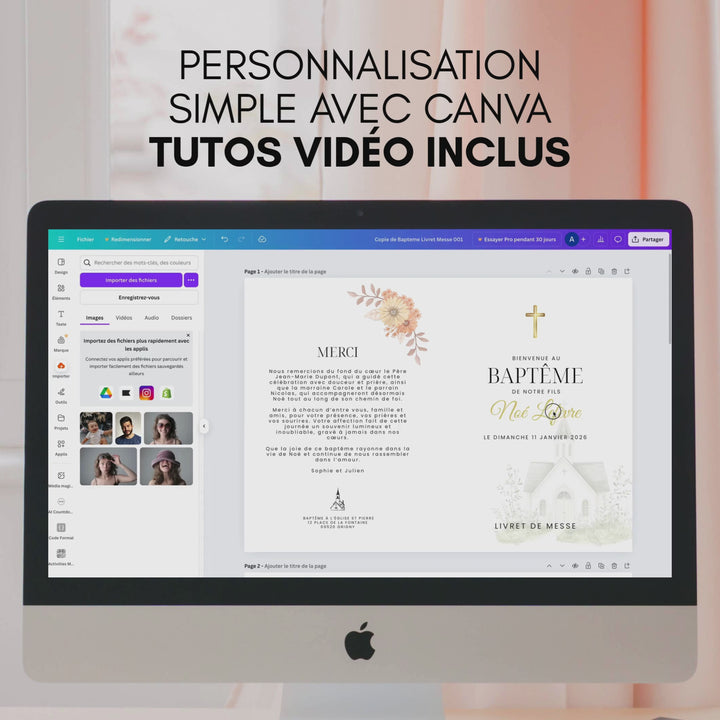 Vidéo démo Canva de la personnalisation du livret de messe baptême.