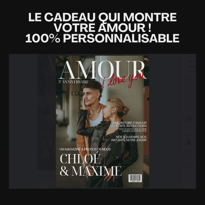 Vidéo montrant les pages du magazine personnalisé cadeau couple, une idée de cadeau pour son chéri personnalisable et économique.