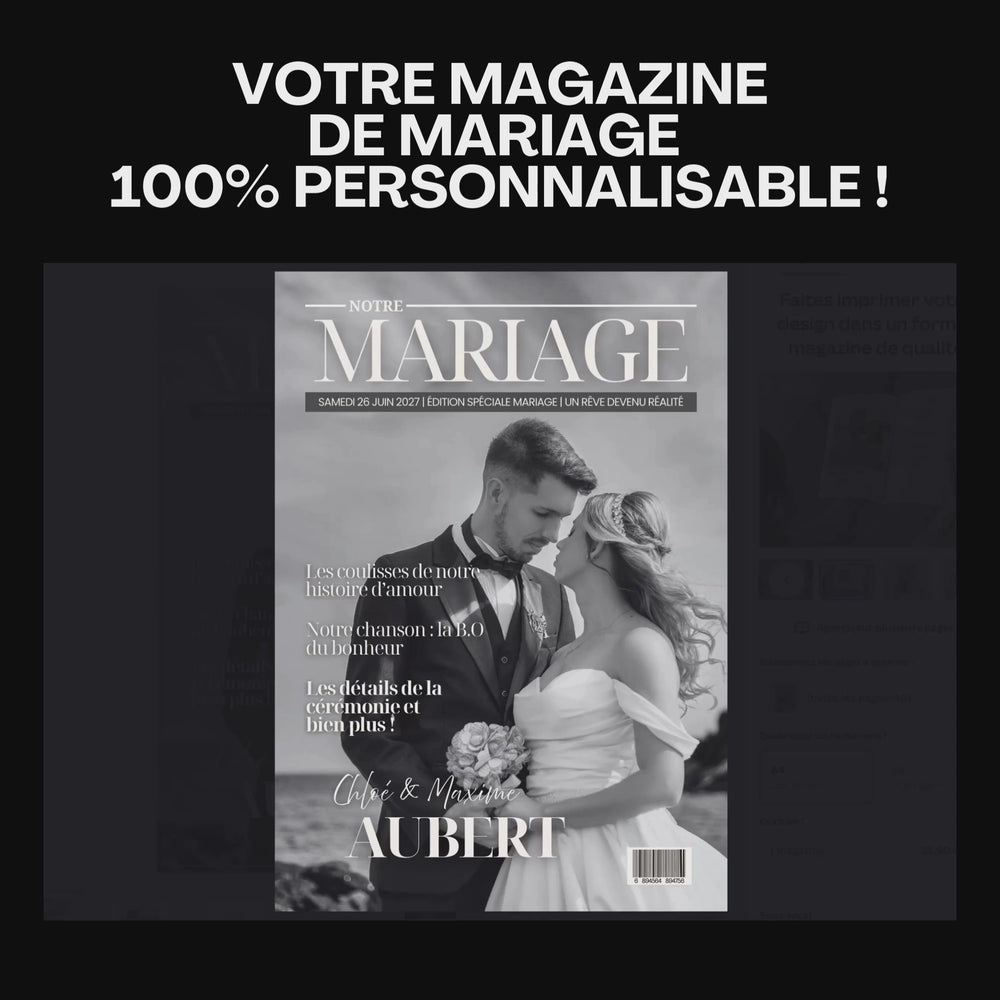 Vidéo des pages du magazine mariage personnalisé racontant l'histoire d'amour du couple et les détails du mariage.