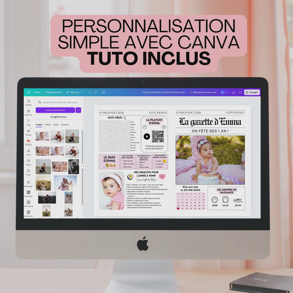 Vidéo montrant les personnalisations canva pour une gazette anniversaire fille.