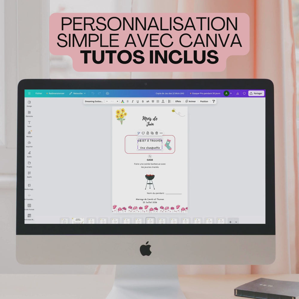 Vidéo montrant la modification du jeu des 12 mois de mariage personnalisé dans Canva.