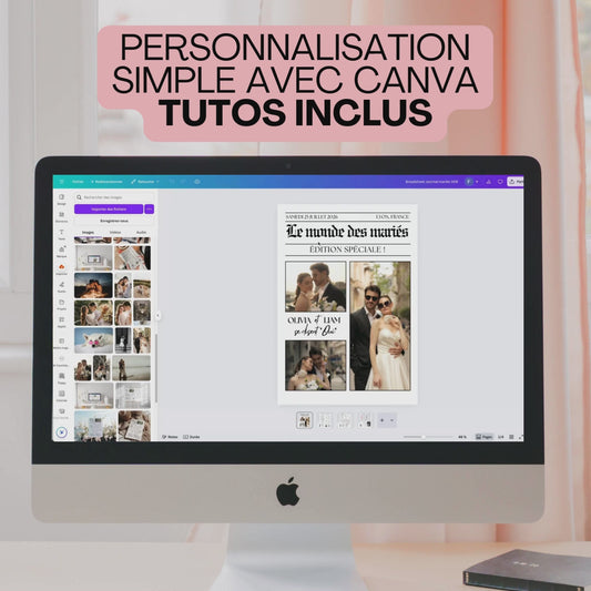 Vidéo montrant la modification d'une gazette des mariés personnalisée dans Canva.
