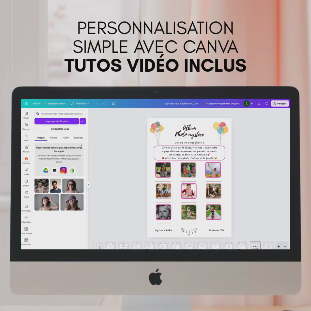 Vidéo montrant la personnalisation des jeux baptême à imprimer dans Canva.