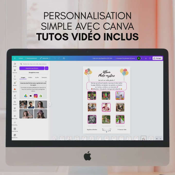 Vidéo montrant la personnalisation des jeux baptême à imprimer dans Canva.