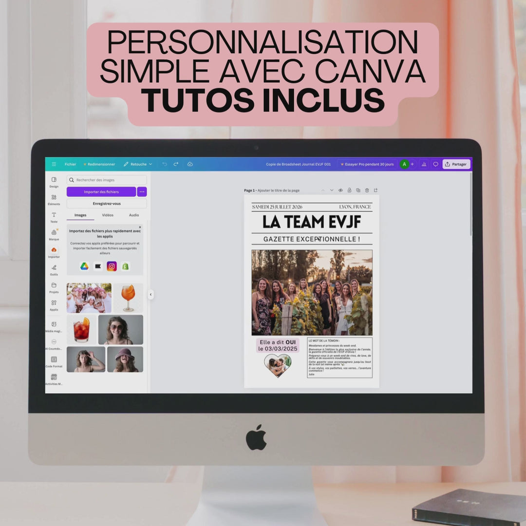 Vidéo montrant la modification d'une gazette EVJF personnalisée dans Canva.