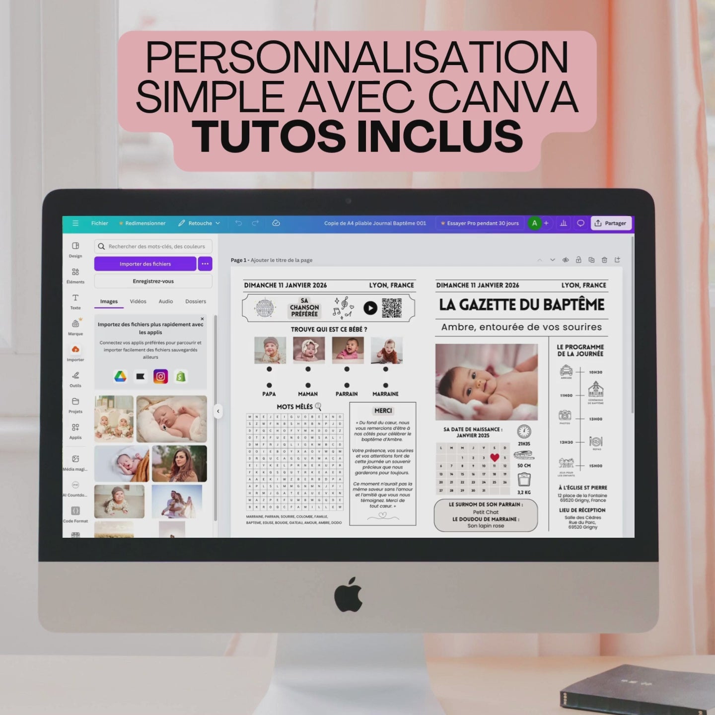 Vidéo montrant la modification d'une gazette baptême personnalisée dans Canva.