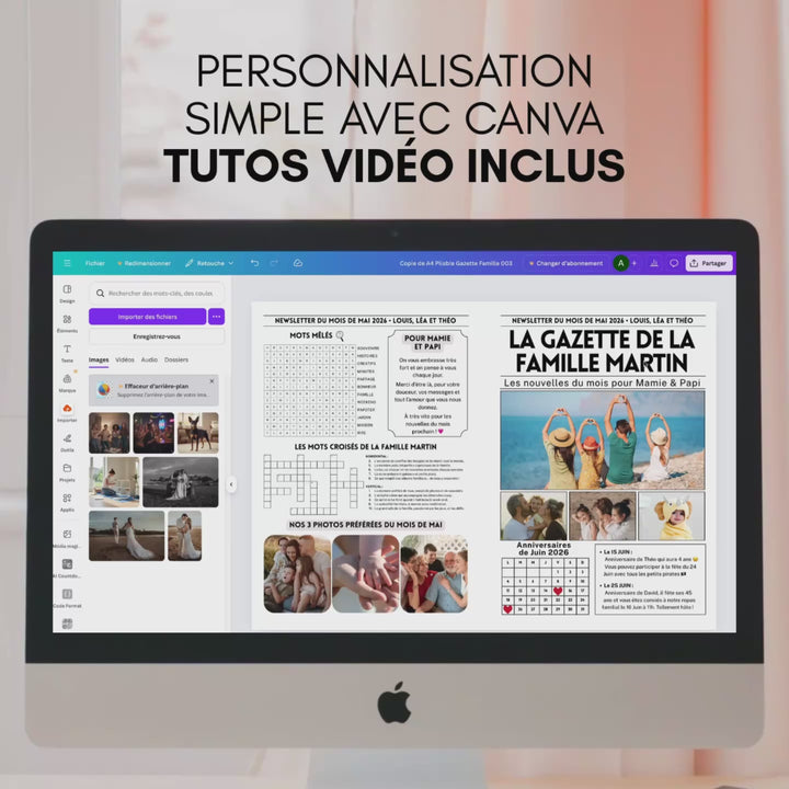 Vidéo montrant la personnalisation de la gazette famille à imprimer dans Canva.