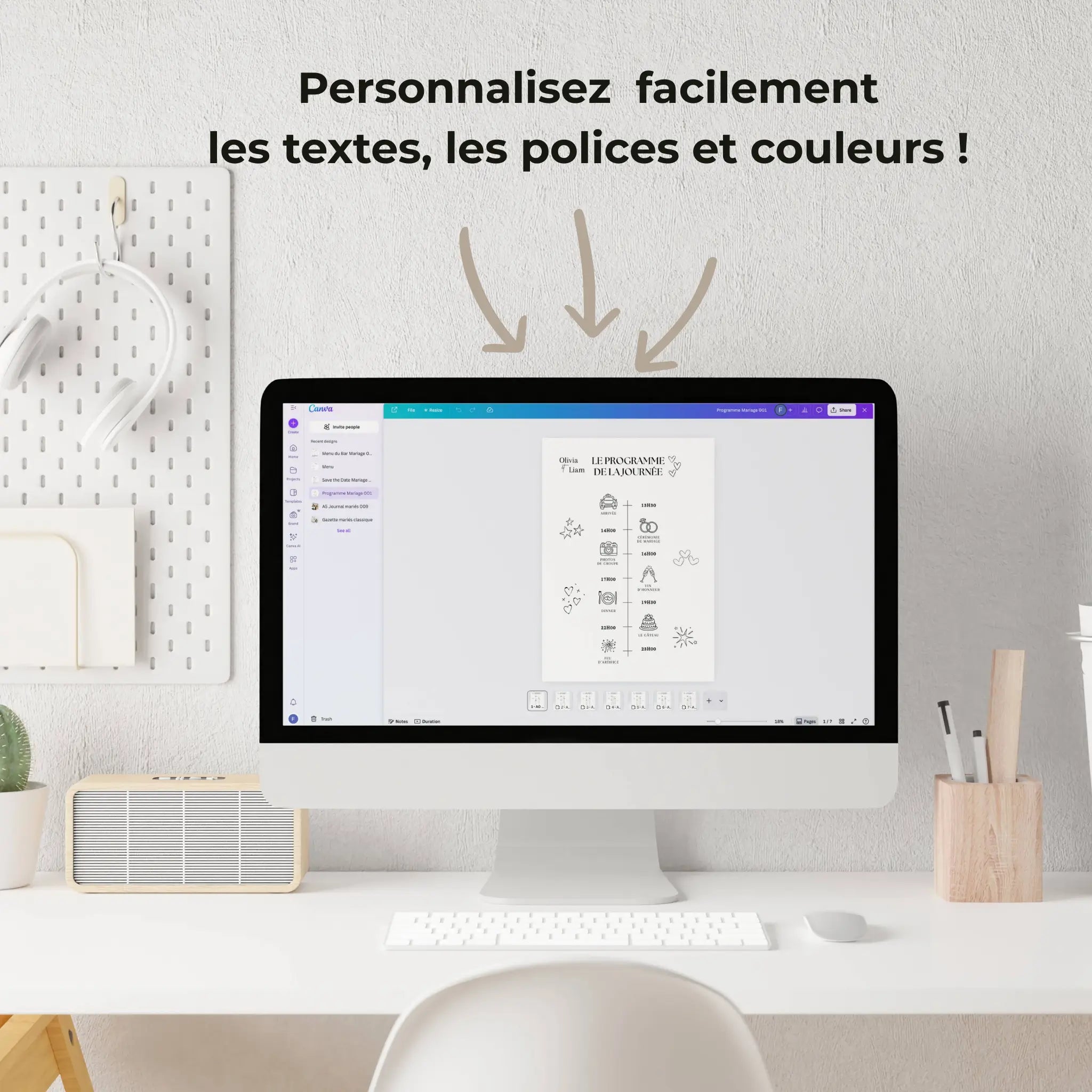 Programme de mariage personnalisable sur Canva – modèle de planning de la journée à modifier facilement avec vos textes, polices et couleurs avant impression.