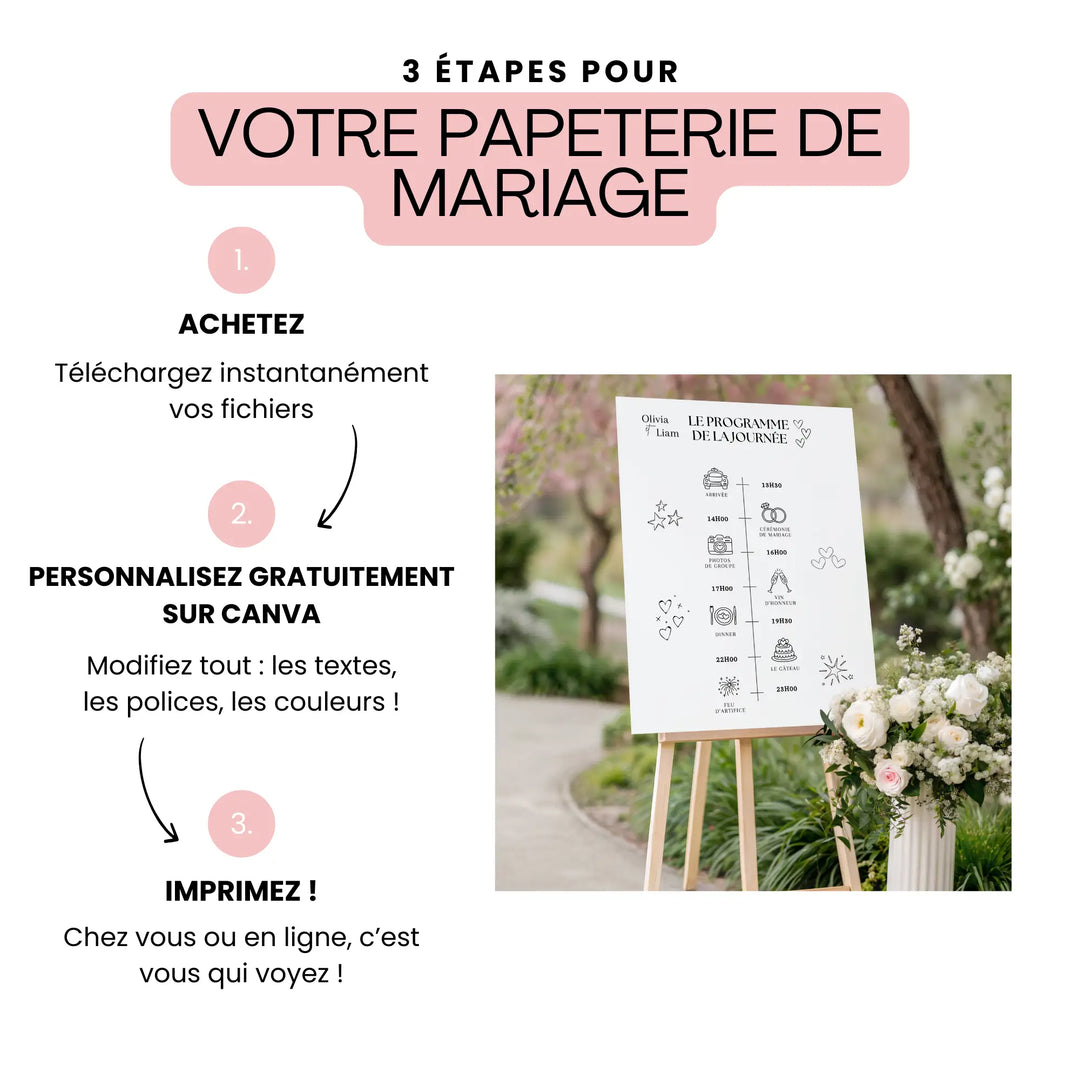 Programme de mariage à personnaliser sur Canva – modèle de planning de la journée en affichage grand format, modifiable avec vos textes, couleurs et polices avant impression.