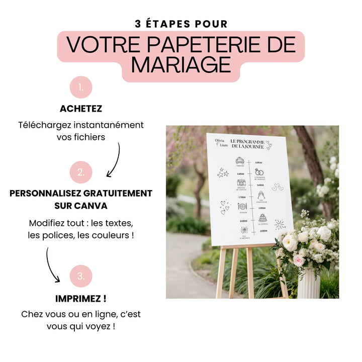 Programme de mariage à personnaliser sur Canva – modèle de planning de la journée en affichage grand format, modifiable avec vos textes, couleurs et polices avant impression.