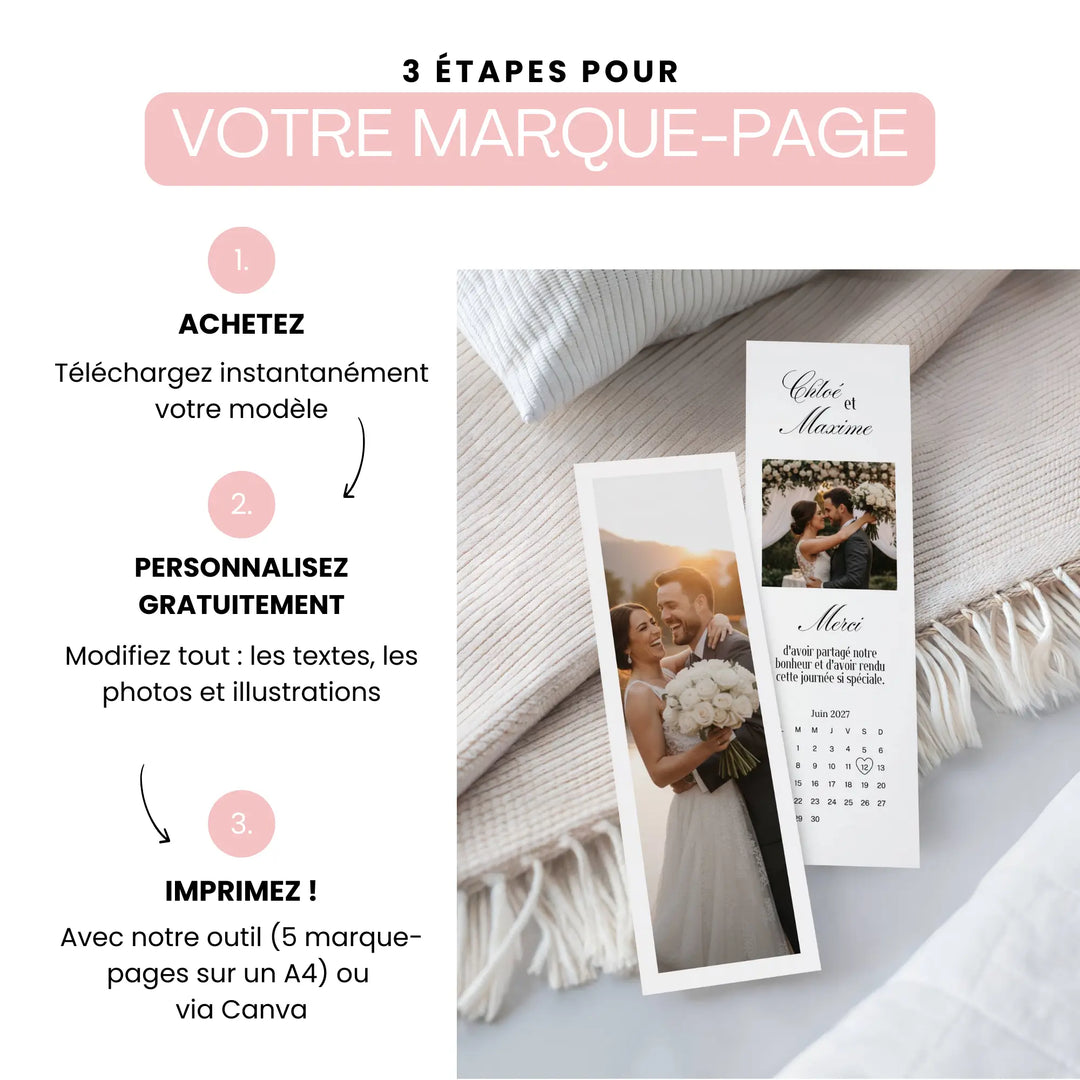 Comment faire un cadeau invité mariage unique avec ce modèle de marque-page personnalisable, facile à personnaliser et imprimer.