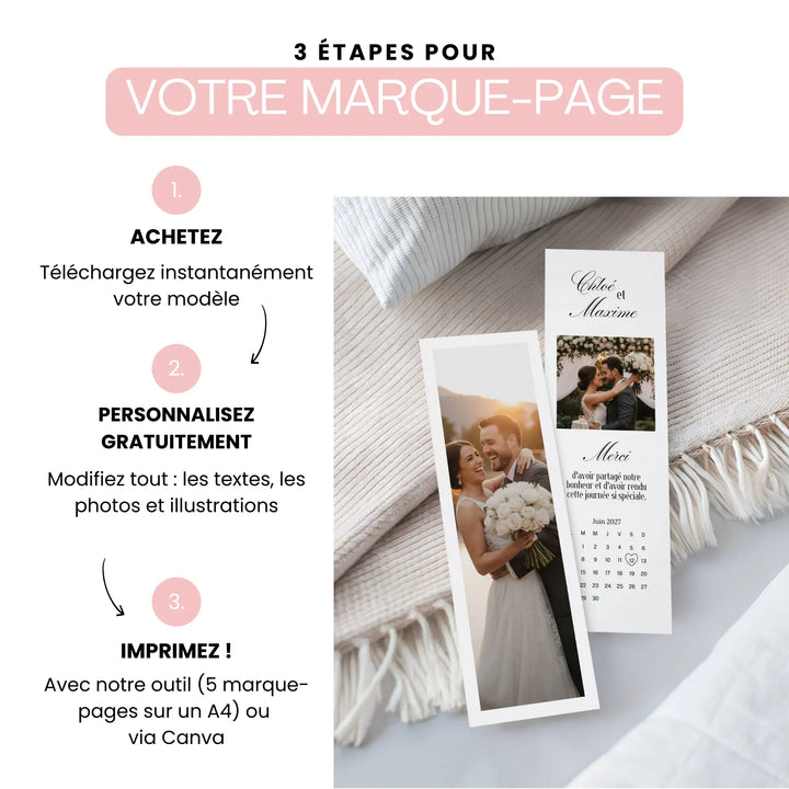 Comment faire un cadeau invité mariage unique avec ce modèle de marque-page personnalisable, facile à personnaliser et imprimer.