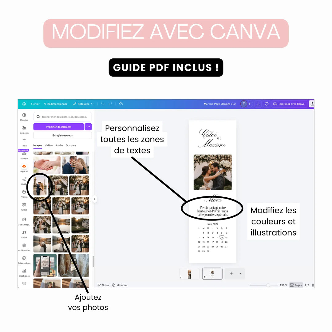 Ecran Canva qui montre comment modifier son modèle de marque-page mariage personnalisé.