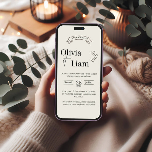 Save the Date mariage digital personnalisable – modèle élégant à envoyer par email ou message, compatible smartphone.