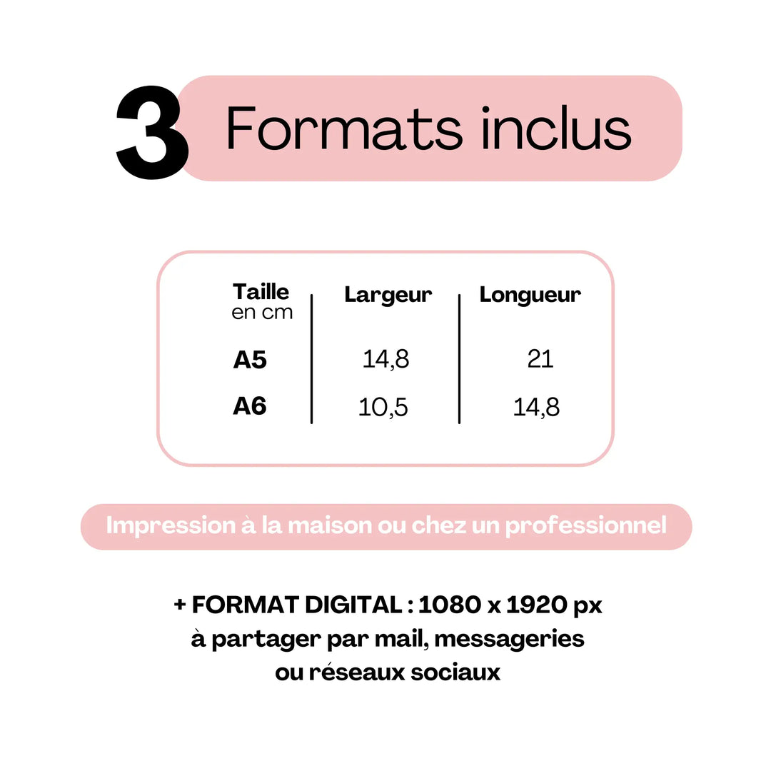 Save the Date mariage formats inclus – A5, A6 et format digital 1080x1920 px pour impression ou envoi en ligne.
