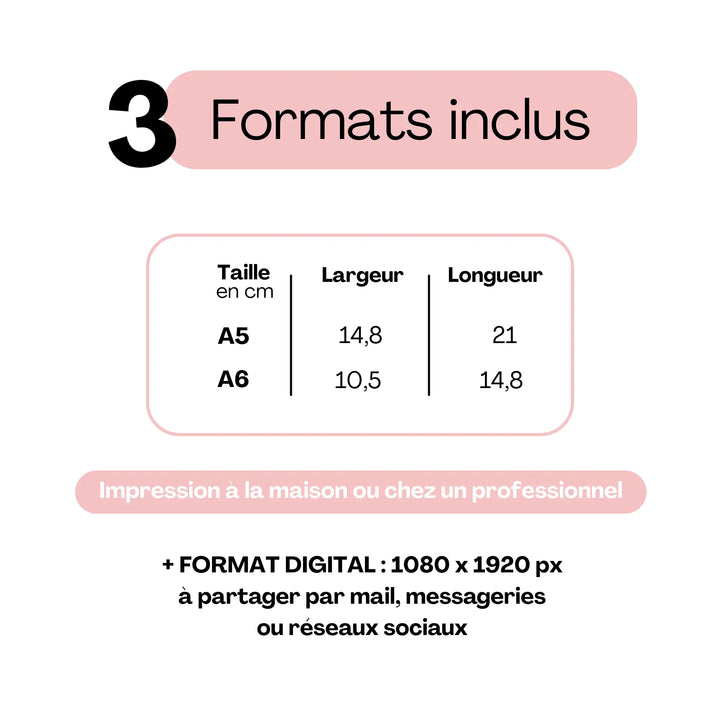 Save the Date mariage formats inclus – A5, A6 et format digital 1080x1920 px pour impression ou envoi en ligne.