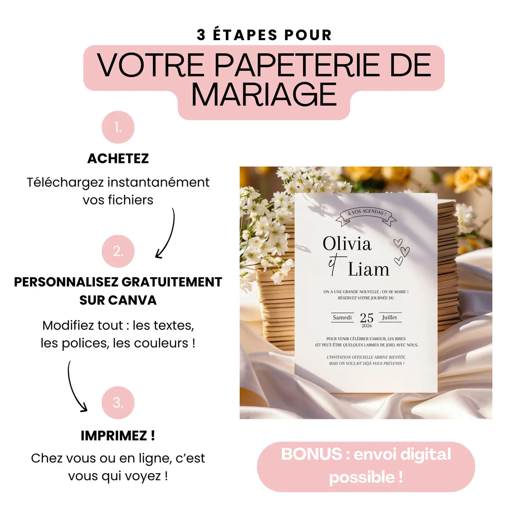 Save the Date mariage personnalisable sur Canva – modèle à imprimer ou envoyer en digital, papeterie mariage élégante.