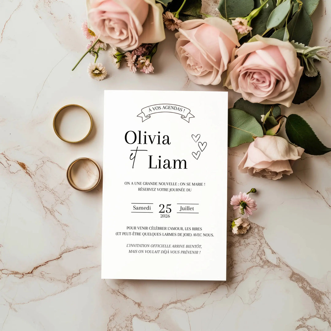 Carte Save the Date mariage élégante avec prénoms des mariés et fleurs – modèle à personnaliser et imprimer.