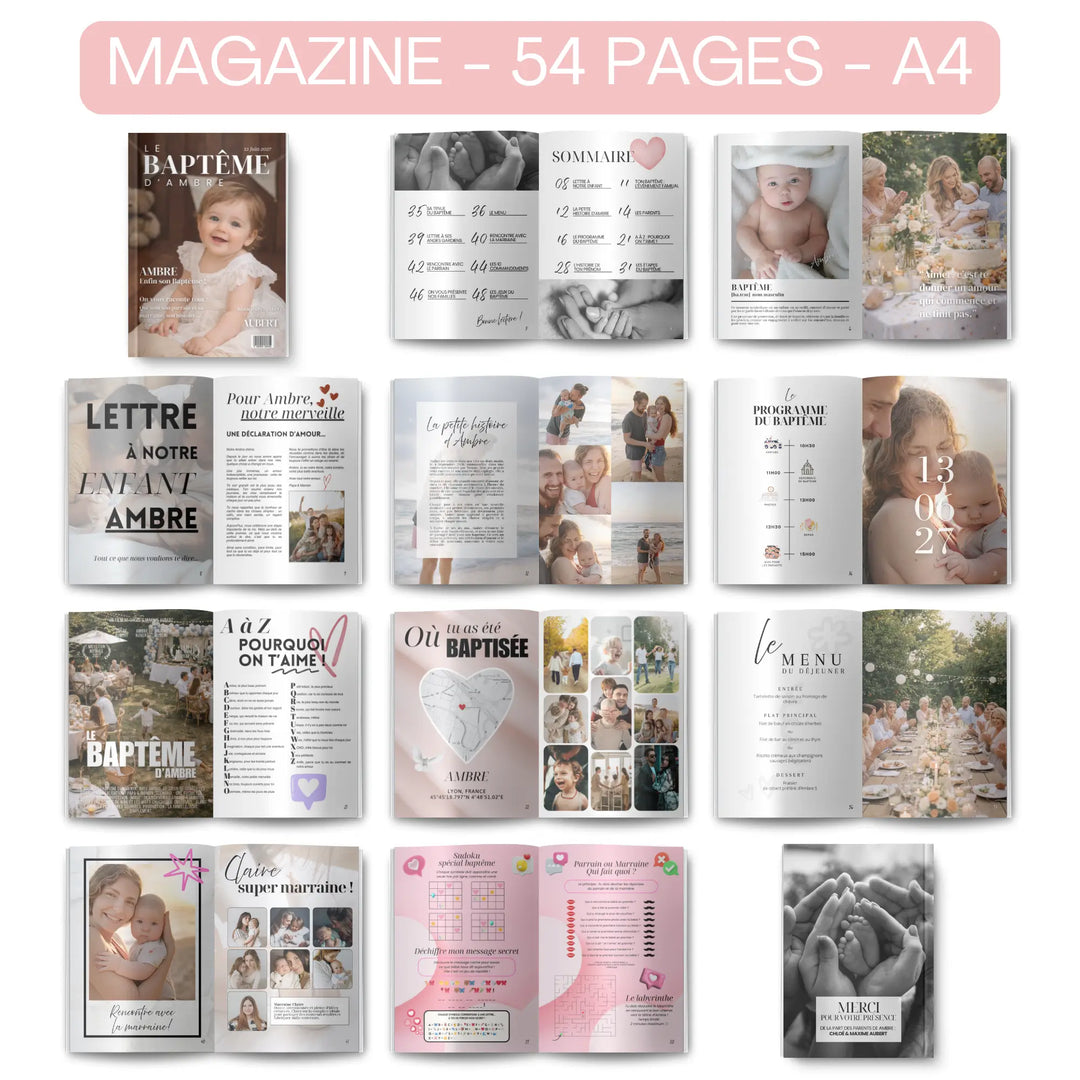 Vue des pages du magazine baptême personnalisé pour souvenir du baptême ou cadeau invités.
