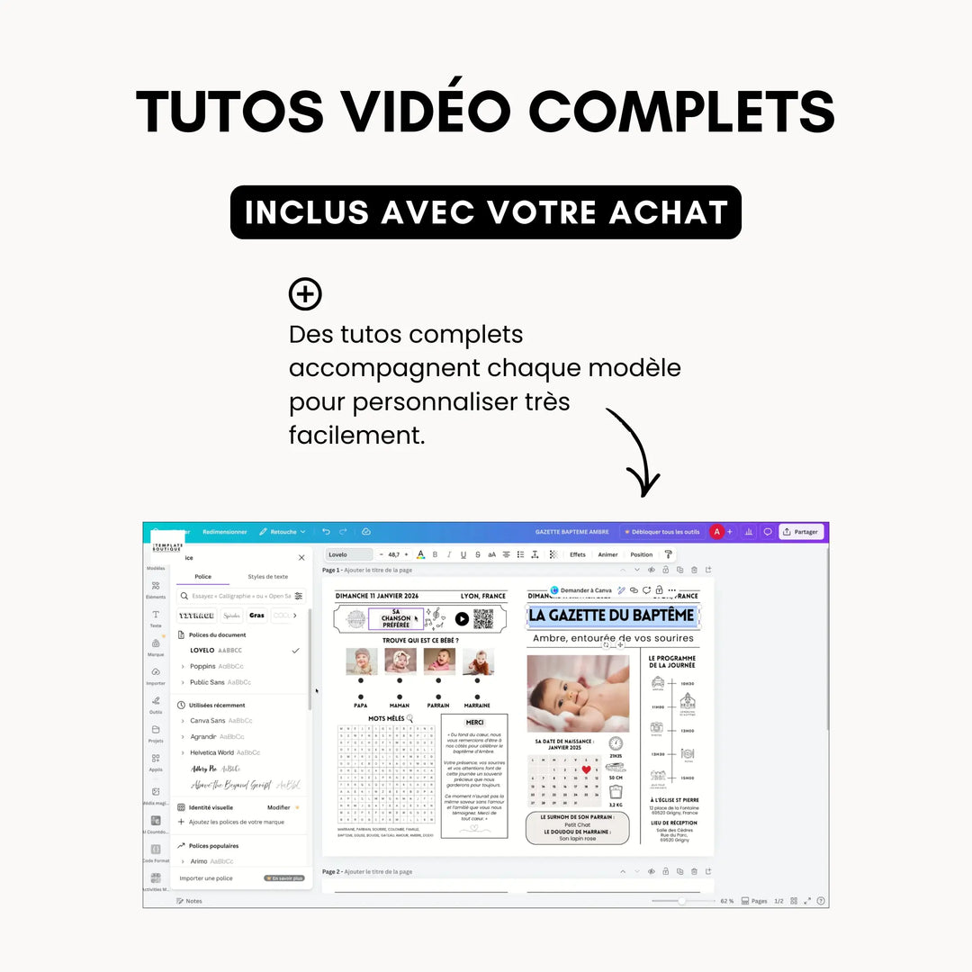 Tutos vidéo complets inclus avec la gazette : personnalisation pas à pas du modèle dans Canva.